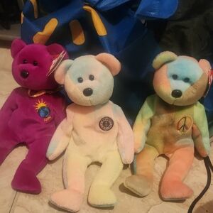 Ty Plush Bear Trio - Purple, Pastel, and Rainbow